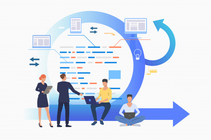 Animação de pessoas trabalhando com o processo Scrum
