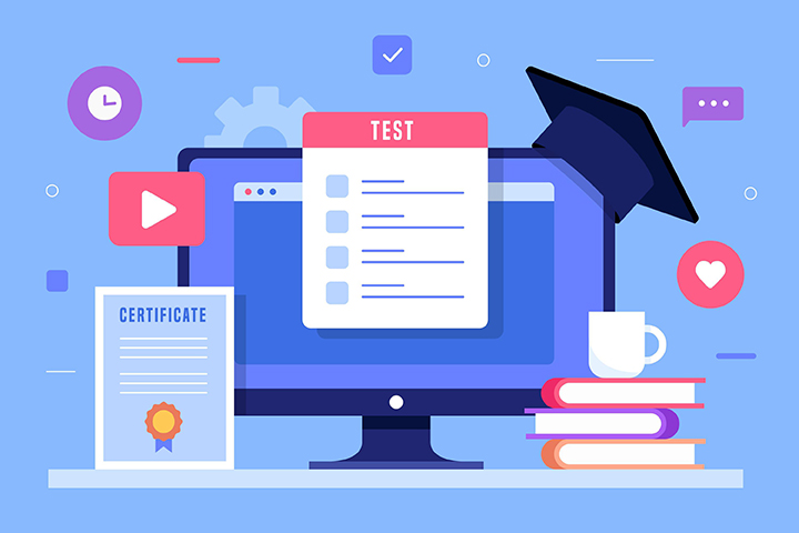 Computador com chapéu universitário certificado livros e um teste